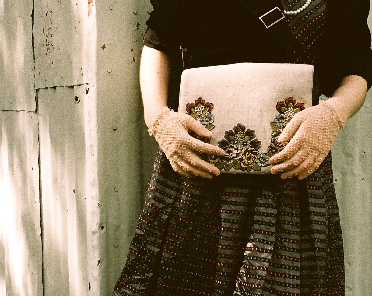Linen with french floral applique messenger bag