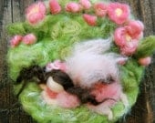 Napping Fairy Under the Roses- Mini Needle Felted Wall hanging / sculptural wool painting Waldorf inspired by Rebecca Varon