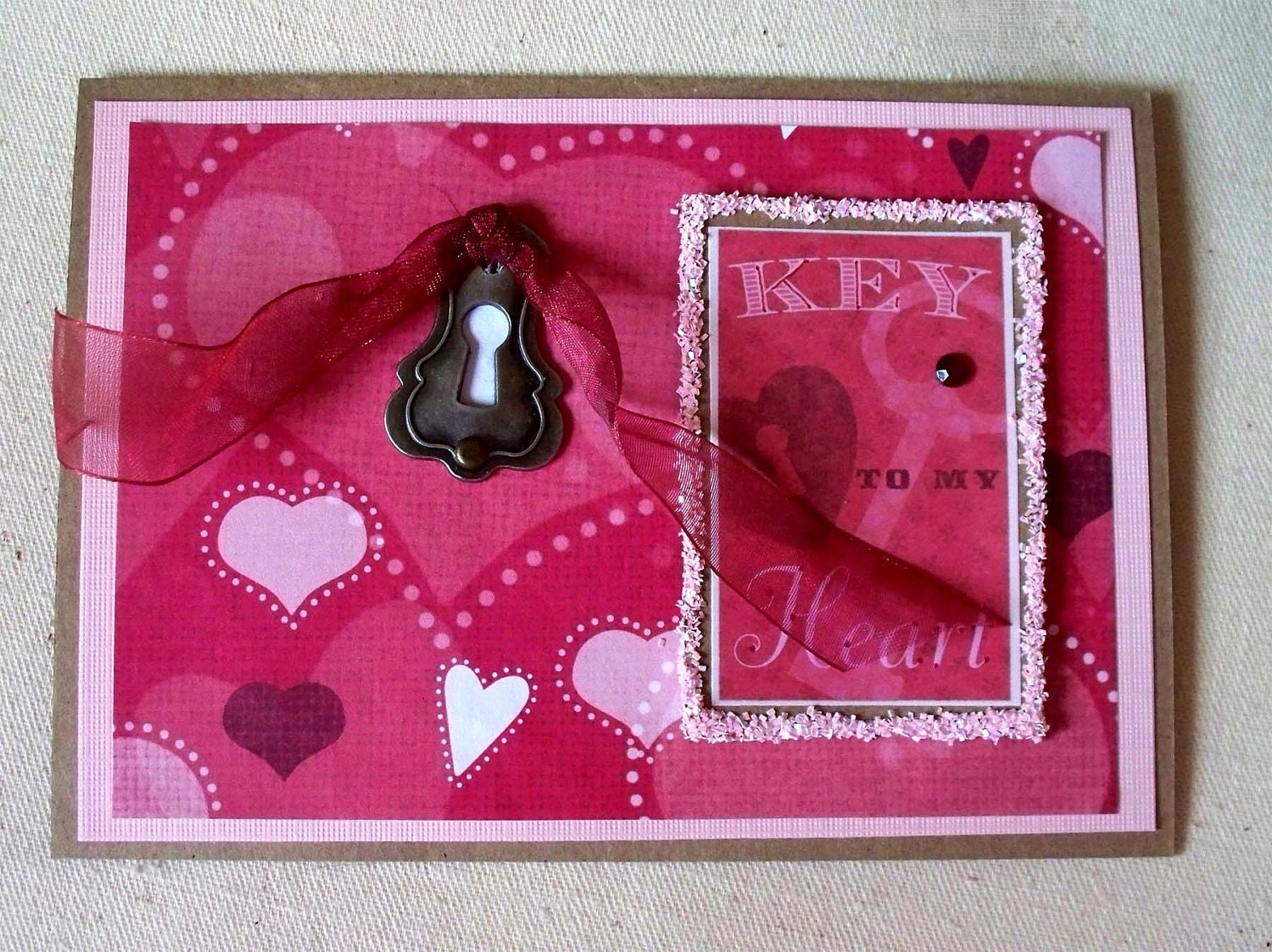 Key To My Heart - Handmade Pink Red Rhinestone Sparkley Valentine Love Card