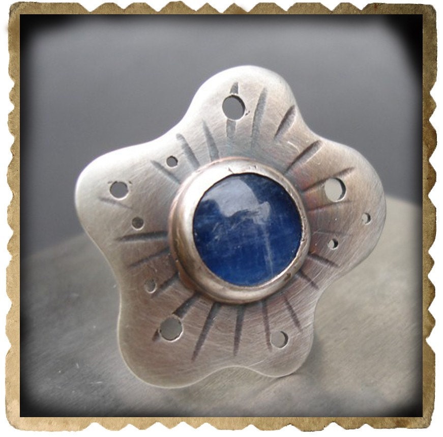 Blue Kyanite Sterling Silver ABSTRACT FLOWER Ring Size 7.5  original contemporary abstract art to wear Statement Ring