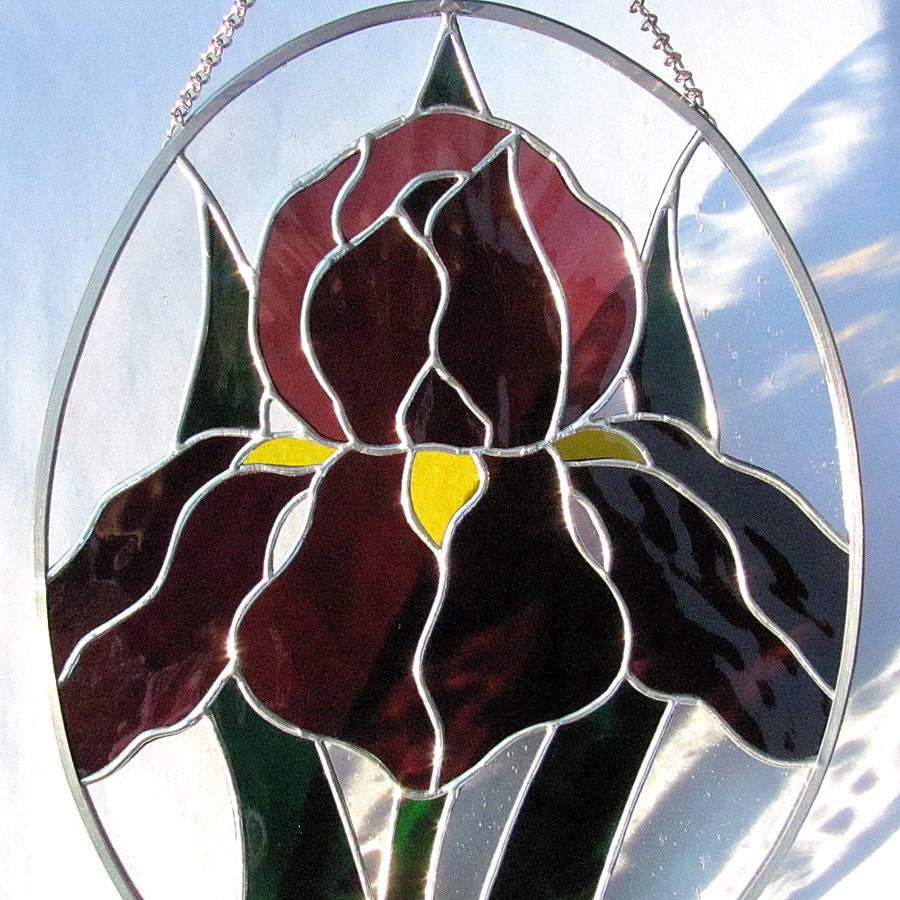 Stained Glass Purple Iris Suncatcher Oval Panel