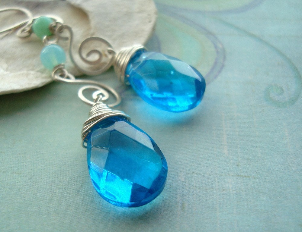 Aqua Briolette and Sterling Wire Spiral Earrings December Birthstone - Selena