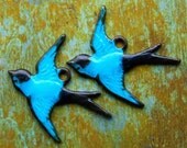 Brass Bird Charms - Aged Teal Patina Bluebirds - 2