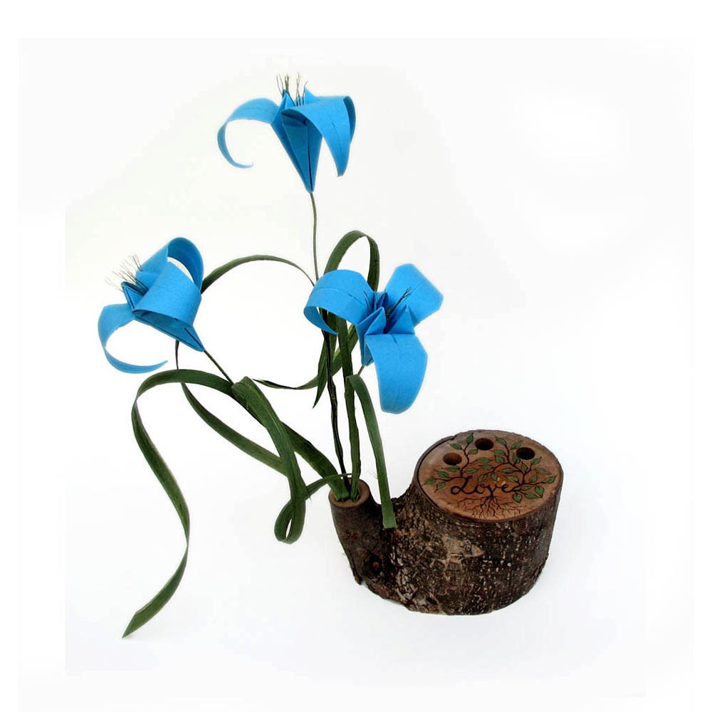 Rustic Natural Bradford Pear Wood Pencil Holder Personalized with Origami Flowers by PaperDisciple and Tanja Sova
