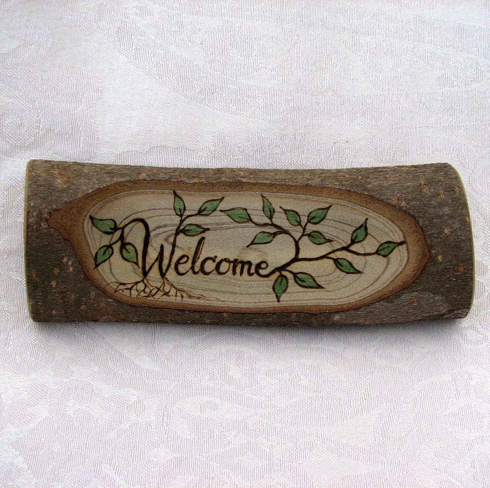 Rustic Organic Natural Magnolia Branch Welcome Small Wooden Sign by Tanja Sova