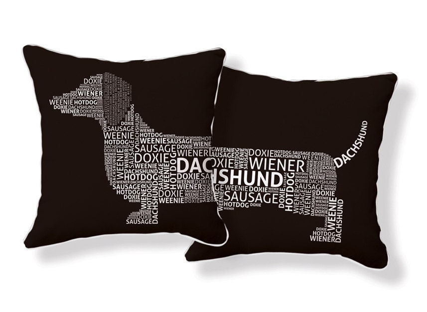 Typographic Dachshund Pillow in Chocolate Brown & White