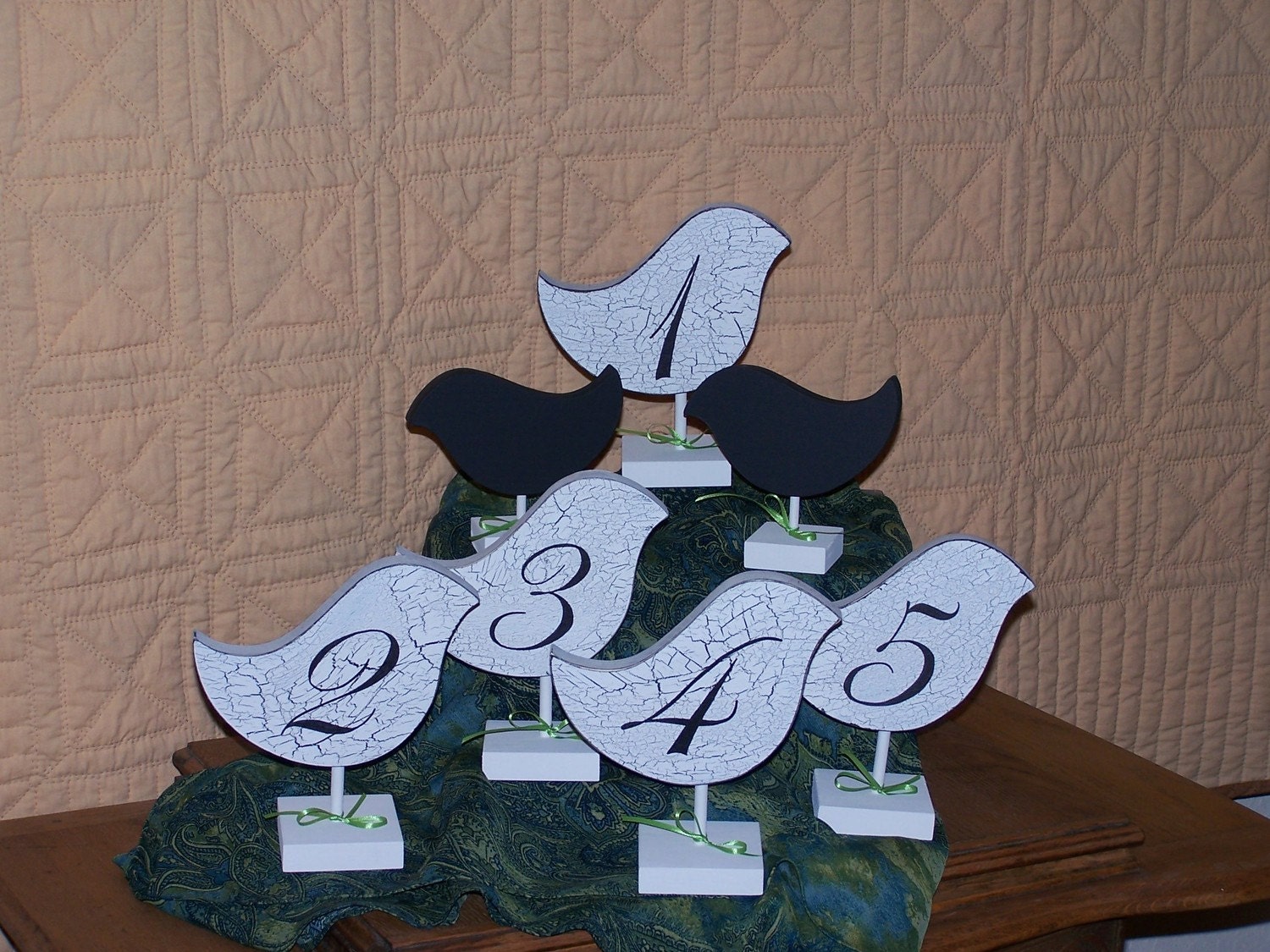 Table Marker Signs, Wedding, Bridal, Reception, Crackle Shabby Country Cottage Chic, Love Birds, Set of Five, Hand Inked