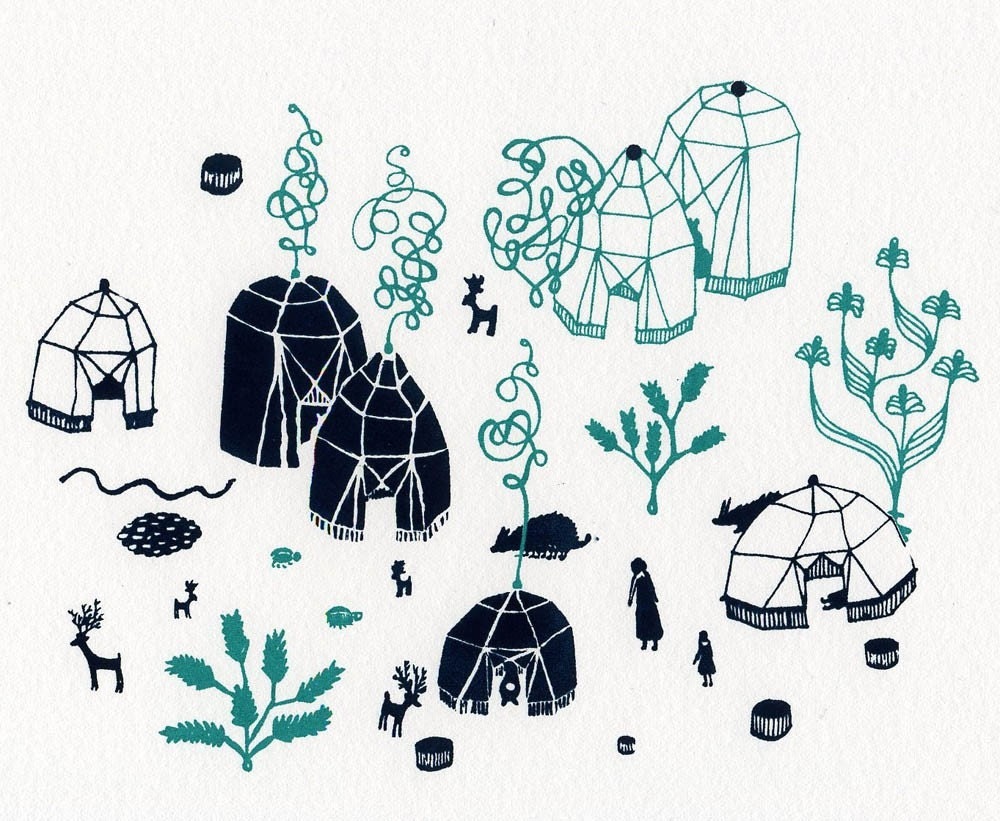 Top Village Silkscreen Print Green and Blue