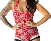 SALE Romper Halter Swimsuit in Red Bandana with Black and White Ruffles(S,M,L)