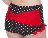Shirley Bow Back with Ruffles Retro High Waisted Swim Bottom in Black/White and Red (XS-XL)