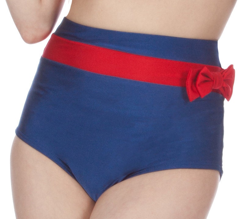 Frannie Super High Waisted Navy and Red Bikini Bottom with Bow (XS-XL)
