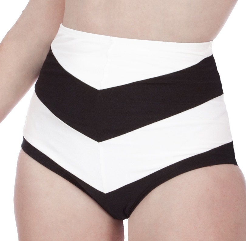 Amelia High Waisted Chevron Stripe Bikini Bottom in Black & White (XS-2X)