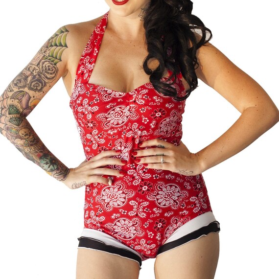 SALE Romper Halter Swimsuit in Red Bandana with Black and White Ruffles(S,M,L)