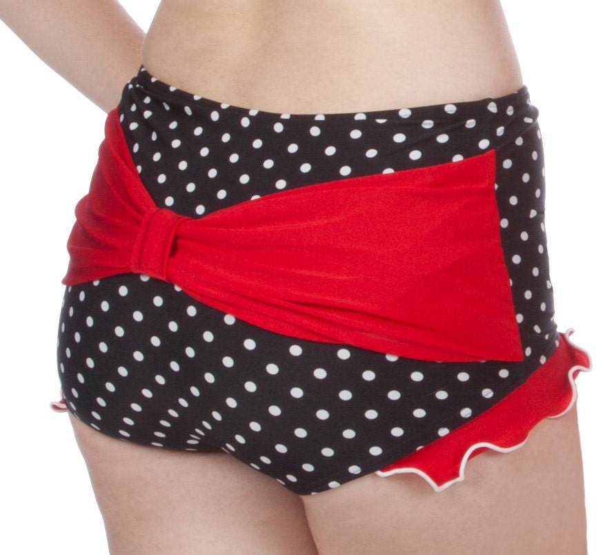 Shirley Bow Back with Ruffles Retro High Waisted Swim Bottom in Black/White and Red (XS-XL)