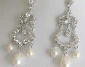 Bride-Bridesmaid-Rhinestone Chandelier Earrings-Teardrop Pearl-Vintage 2