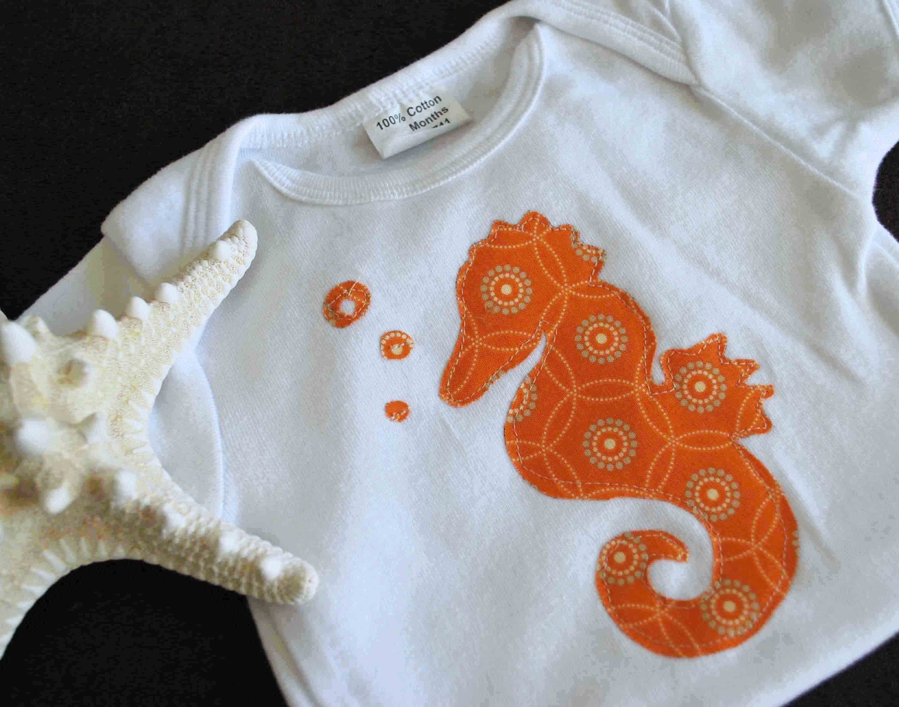 SEAHORSE appliquéd on baby bodysuit.......CUTE UNISEX baby gift. Great baby shower gift