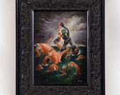 Robot vs Squid ORIGINAL framed oil painting