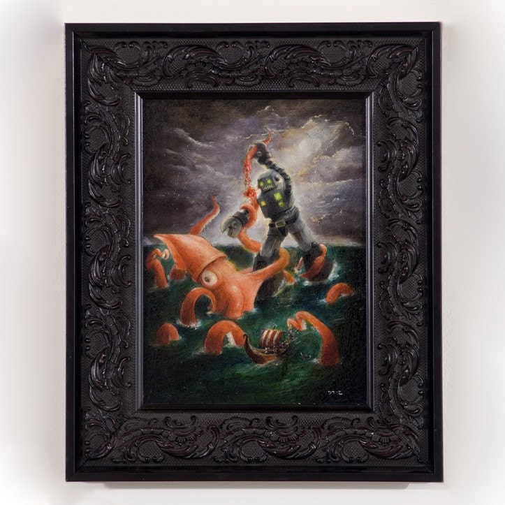 Robot vs Squid ORIGINAL framed oil painting