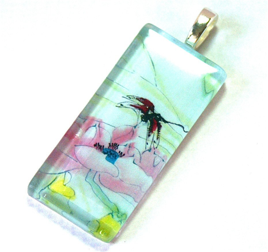Pendant Image of Japanese Red Dragonfly On Pink Lotus Blossom Painting