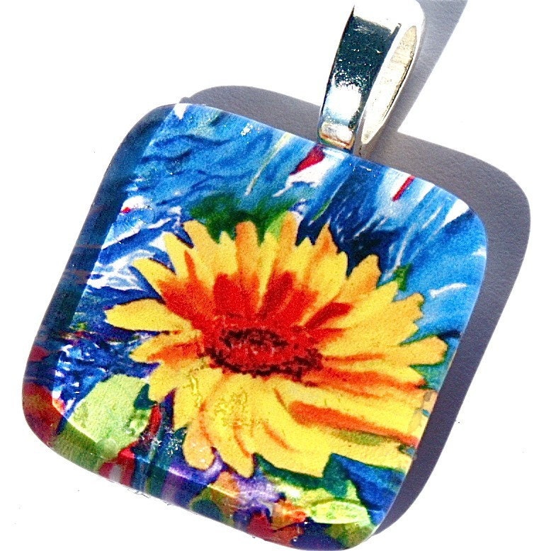 Sunflowers On Blue Glass Tile Pendant Cynthia Van Horne Ehrlich's Painting