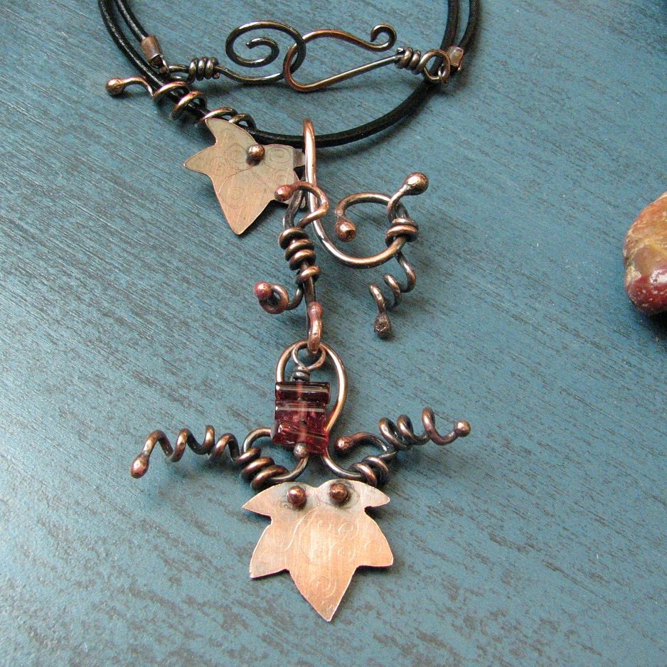 Copper Ivy Leaf and Vine Necklace with Garnets on Black Leather Cord