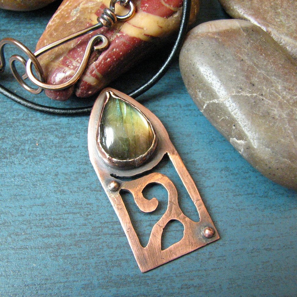 Labradorite Scrollwork Necklace Copper Leather Cord