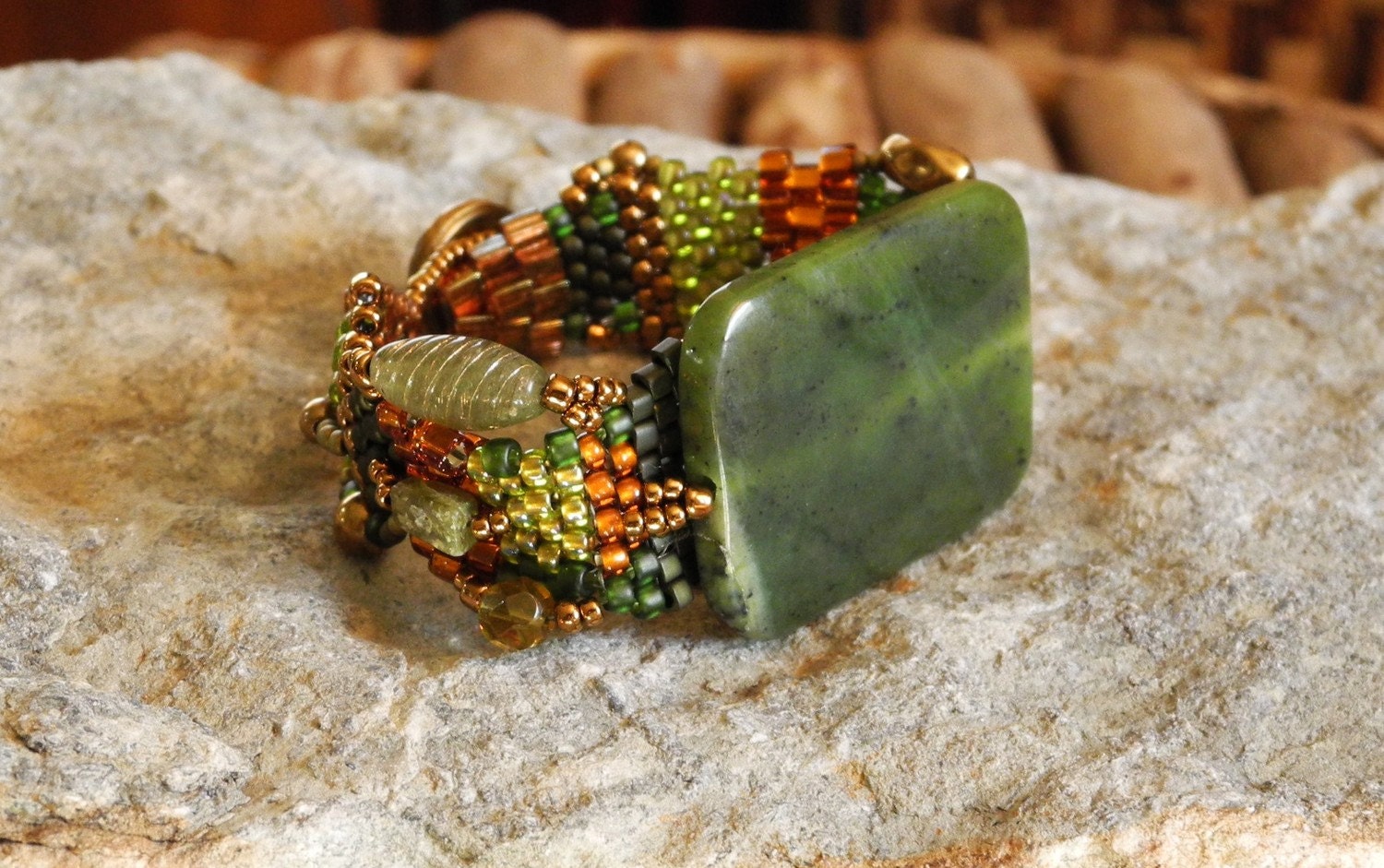 Free Form Peyote Stitch Beaded Bracelet - Jaded