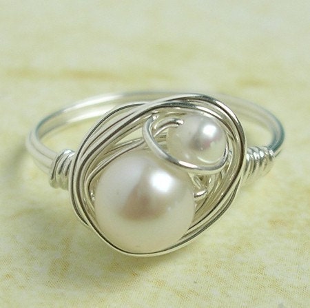 Mom And Baby White Pearl Sterling Silver Ring - Custom Size, Wire Wrap Nest Jewerly