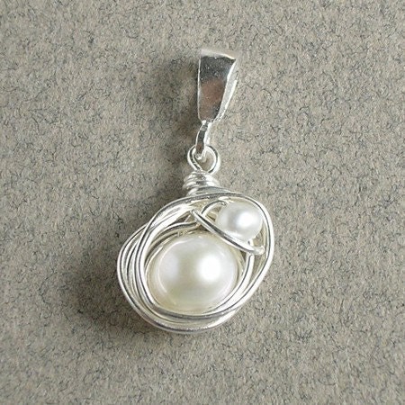 Mom And Baby White Pearl Pendant, Sterling Silver, Wire Wrapped Nest