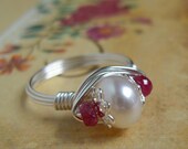 White Pearl Ruby Gemstone Sterling Silver Ring - Wire Wrapped Jewerly
