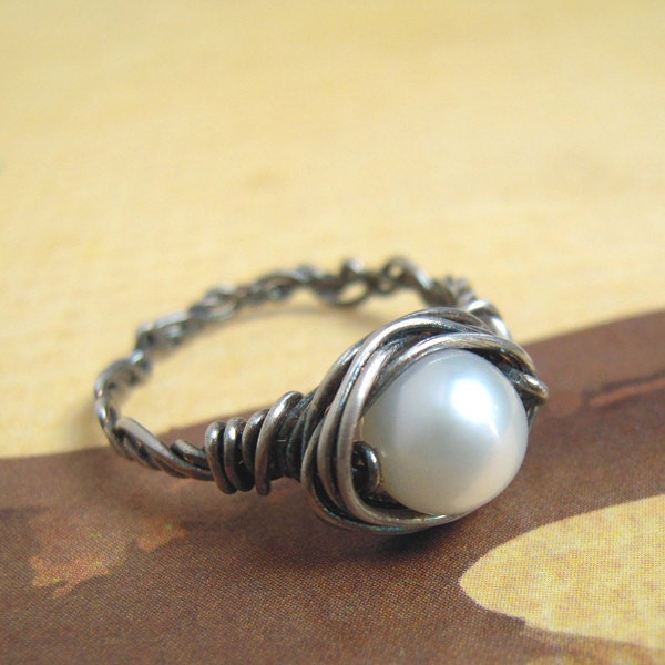 White Pearl Braid Wire Ring, Sterling Silver Nest, Wire Wrapped Jewelry, Size 6