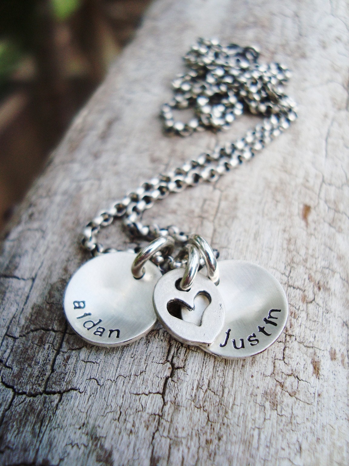 two tiny names . silver heart necklace . valentines handstamped sterling silver mothers necklace . personalized gift