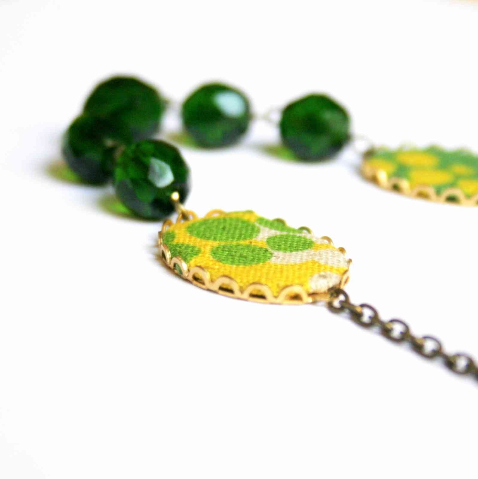 SALE - Opposites - asymmetrical necklace made of fabric, glass beads and brass filigree on brass chain