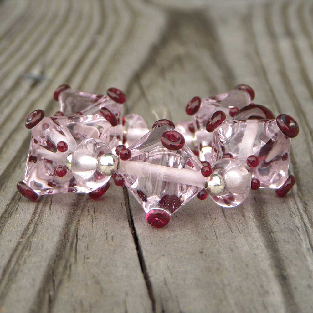 Handmade lampwork beads, pink and red, crystal shaped, "Gems"
