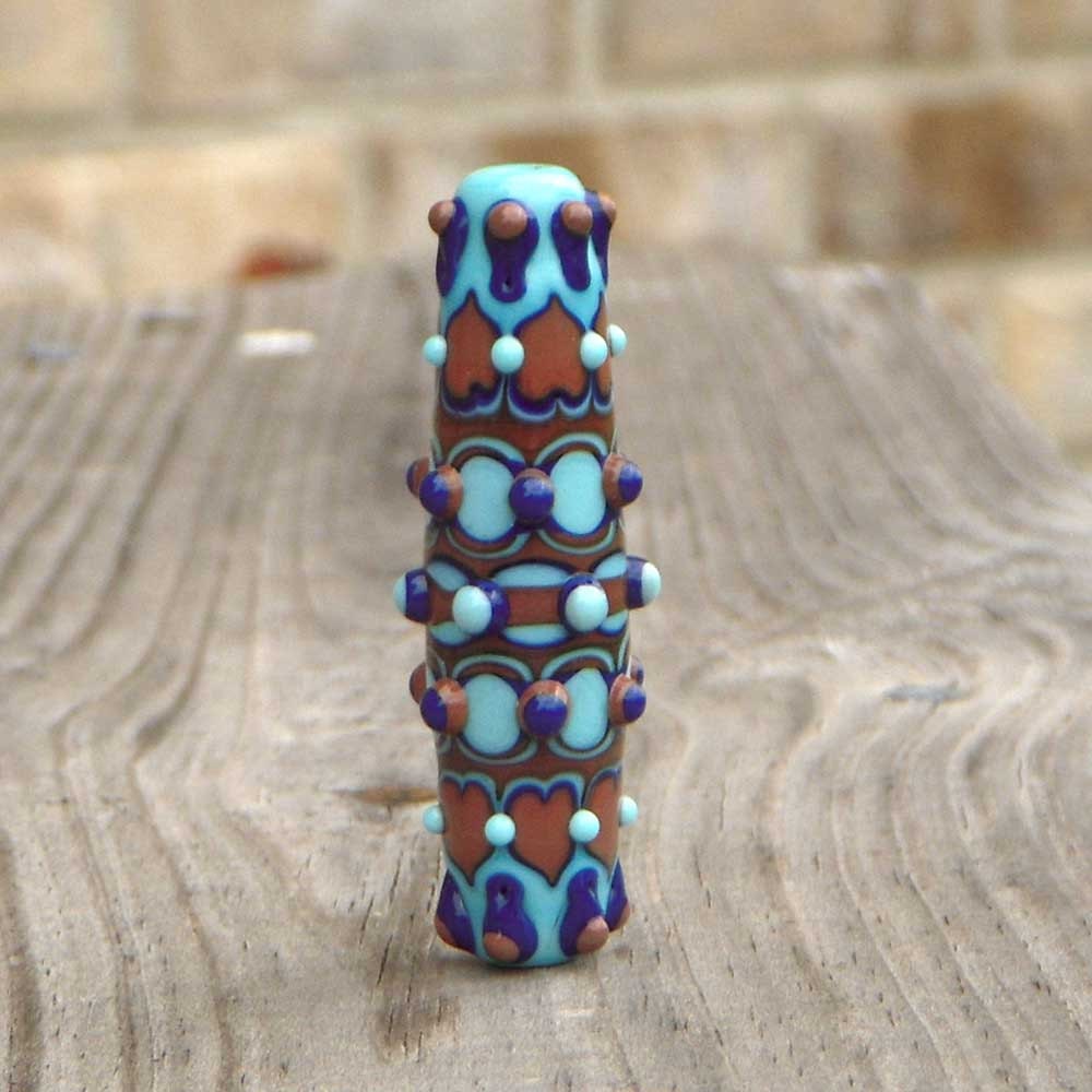 Lampwork focal bead, brown and blue barrel bead, "Chocolate Hearts"
