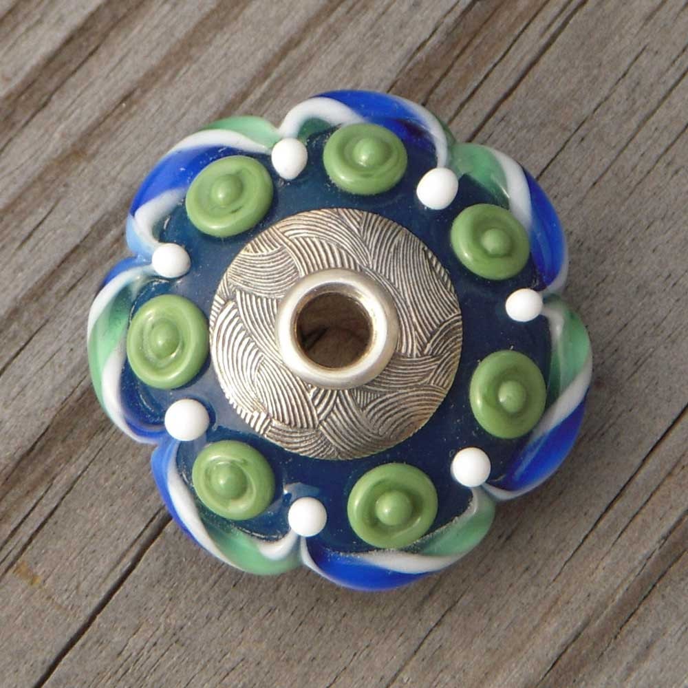Handmade lampwork focal bead, blue, bright green, "Breathe"