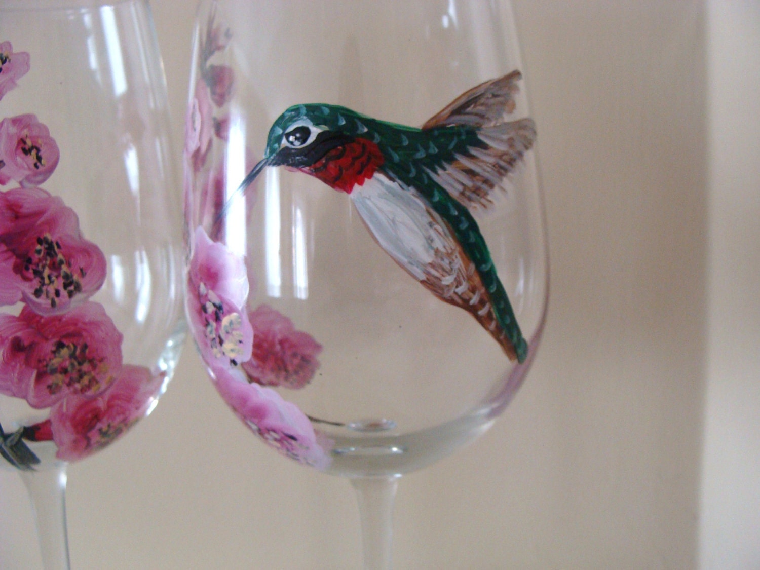 Hummingbirds and Hollyhocks Wine Glasses Hand Painted
