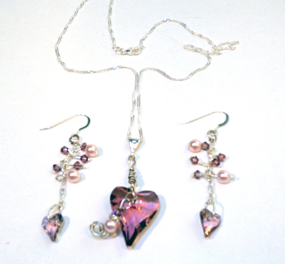 Antique Pink Swarovski Heart Necklace Set