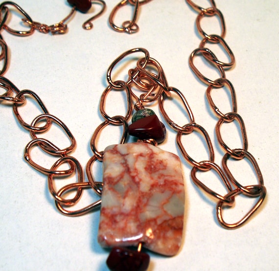 Red Marble and Brown Jasper Wire Wrapped Pendant on Copper Chain