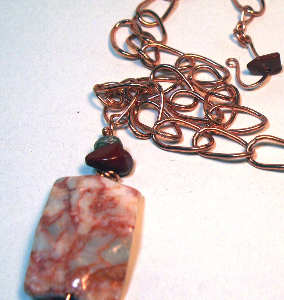 Red Marble and Brown Jasper Wire Wrapped Pendant on Copper Chain