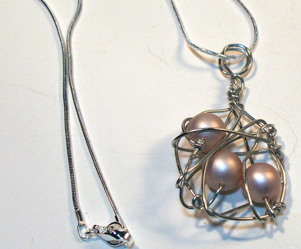 Vintage Beige Pearl Wire Wrapped Orbit Necklace - Sterling Silver