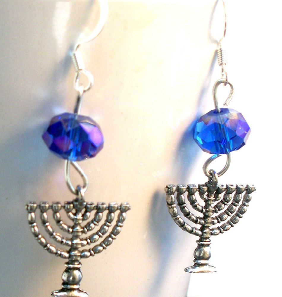 Jewish  Menorah Earrings Hanukkah Blue Czech Glass Earrings