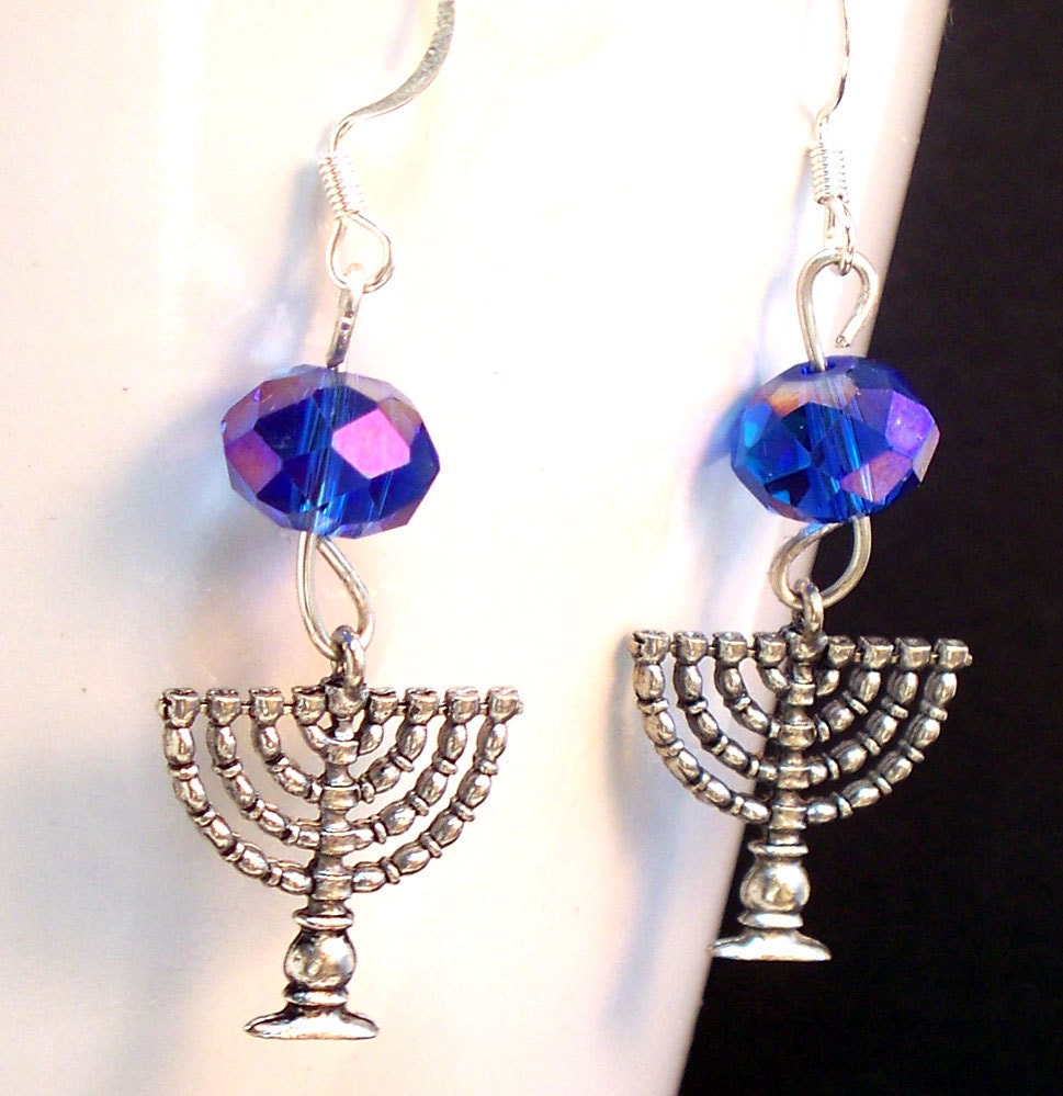 Jewish  Menorah Earrings Hanukkah Blue Czech Glass Earrings