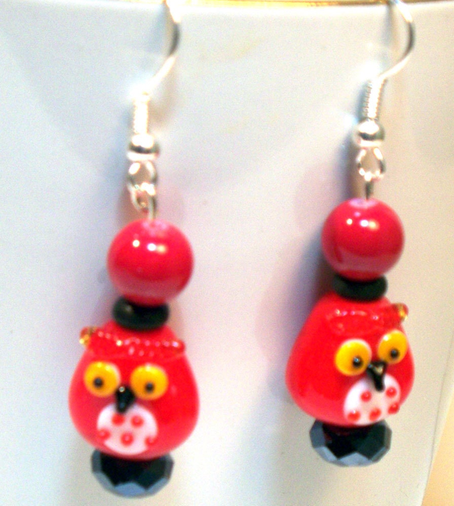 Red Owl Glass Beaded Earrings