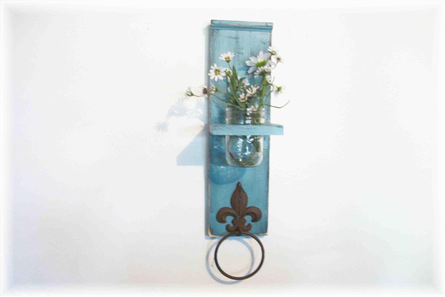 Wood Kitchen or Bathroom Wall Shelf  with Towel Ring  fleu de lis  Primitive Robin Egg Blue Color Cottage