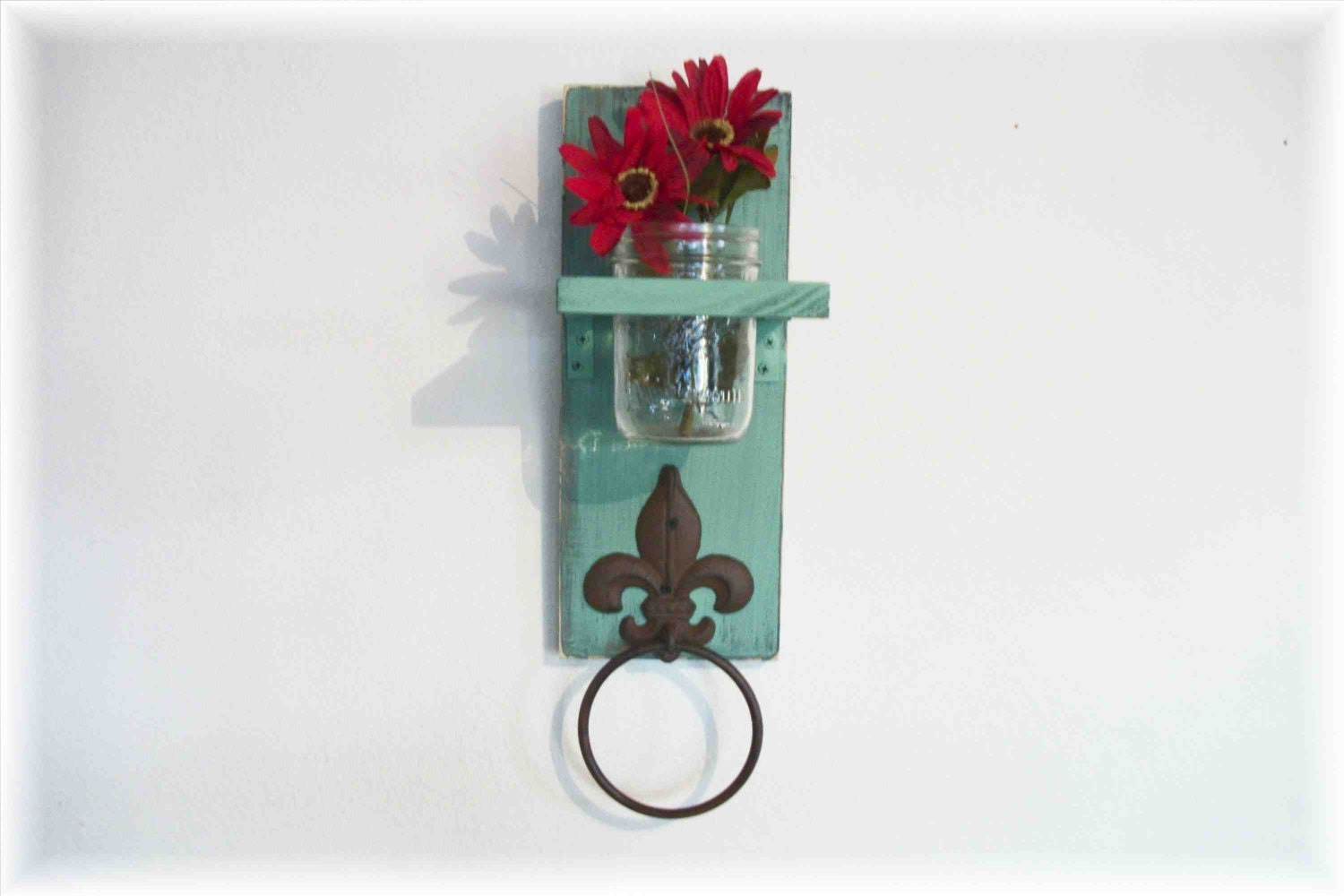 WOOD Kitchen or Bathroom Wall Shelf  with Towel Ring  fleu de lis Mint Green