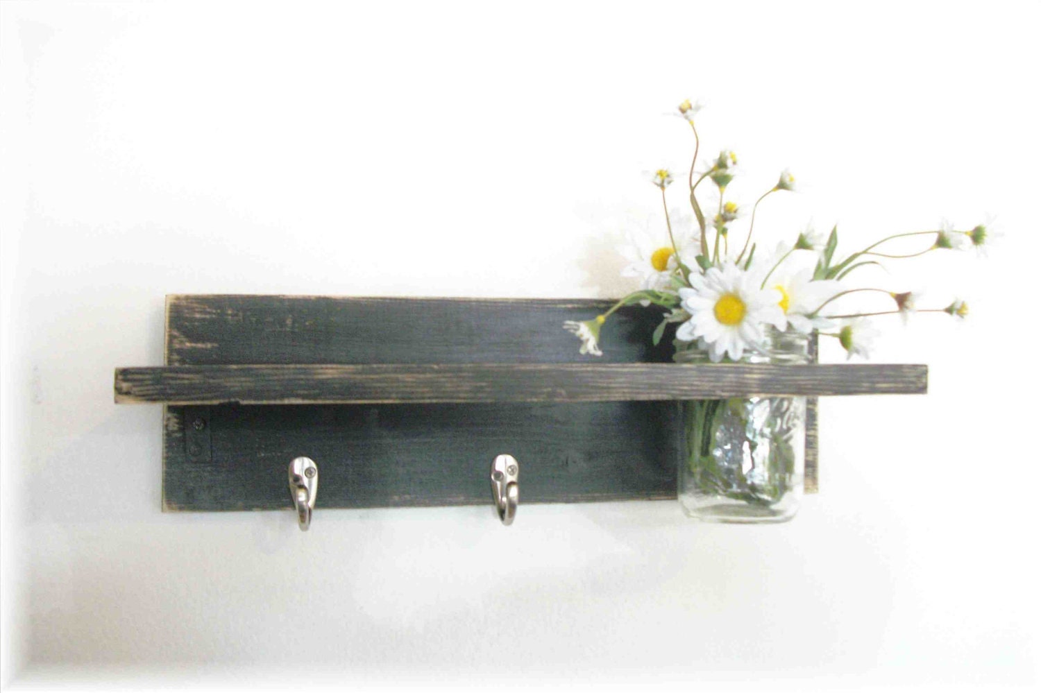 Primitive Country Flat Black  Wood Coat Hooks Cottage Wall Shelf