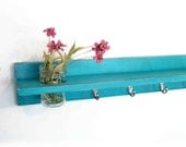 Wood Wall Shelf  Spring Bold Turquoise Color Cottage 4 Satin  Nickel   Hooks