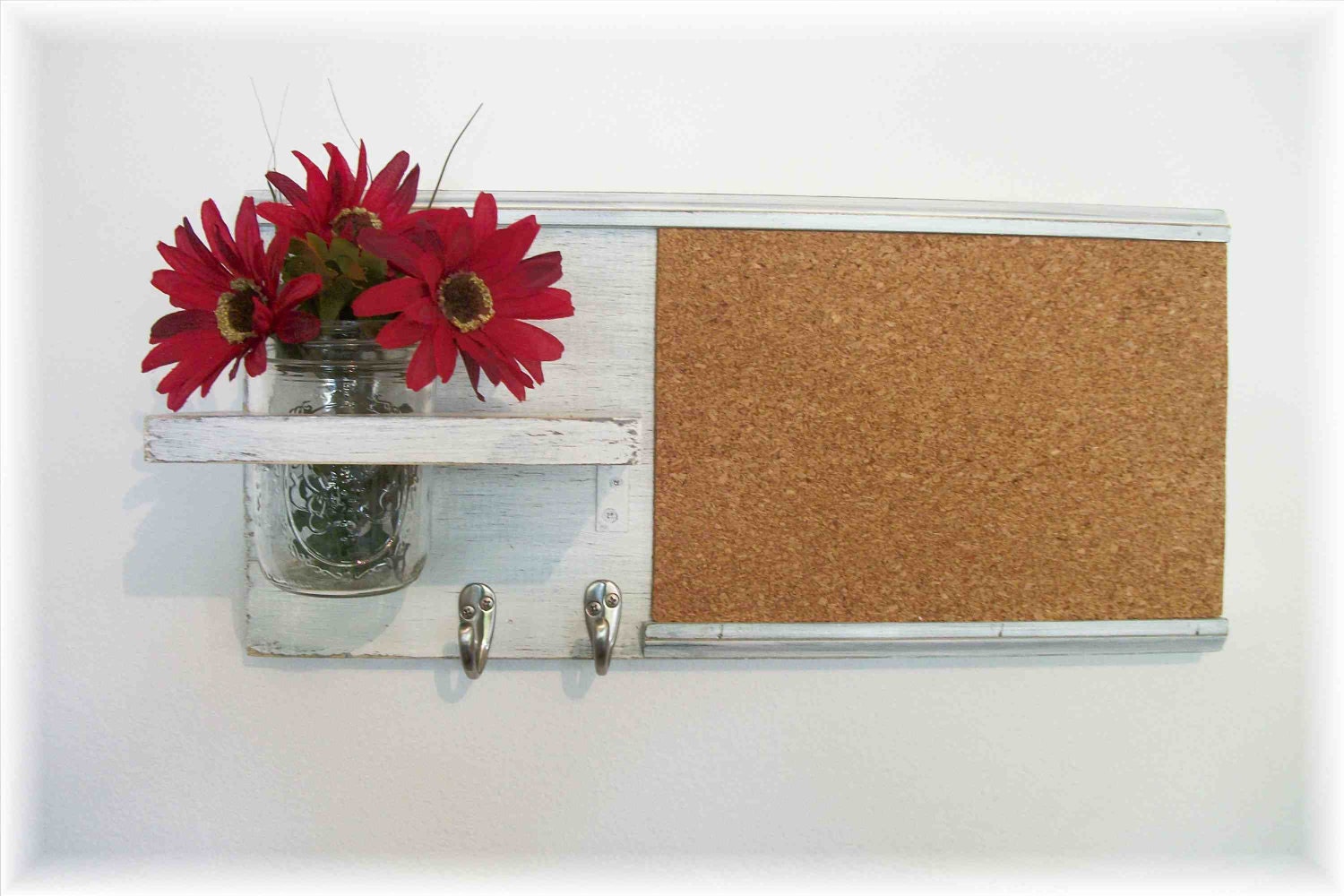 Wood Wall Shelf Cork Bulletin Board Message  Center Hooks Wedding Linen White  Color