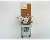 Wood French Country Kitchen Hall  Shelf Cork Bulletin Board Center Hooks Linen White Color